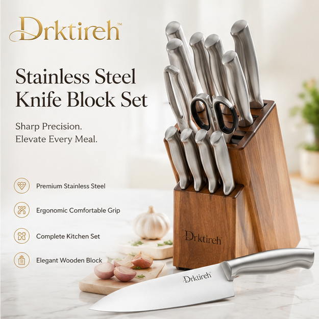Drktireh™ Stainless Steel Kitchen Knife Block Set