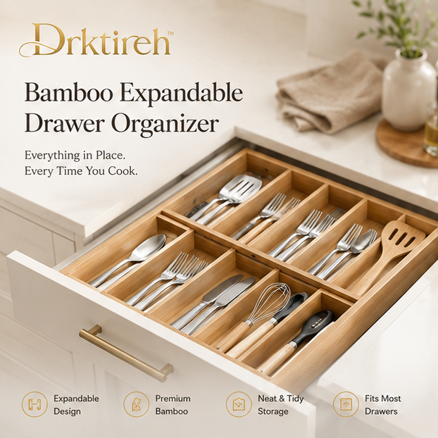 Drktireh™ Bamboo Expandable Drawer Organizer for Kitchen Utensils