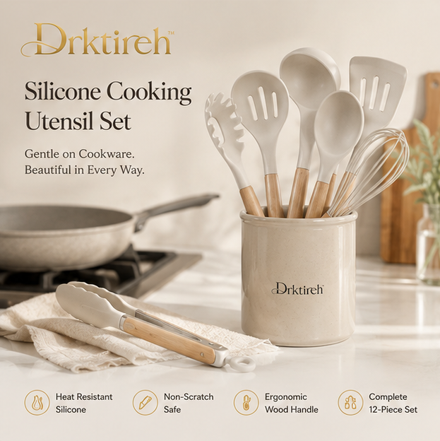 Drktireh™ Silicone Cooking Utensil Set with Wooden Handles